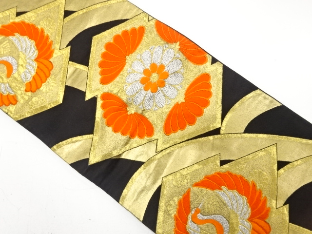 JAPANESE KIMONO / ANTIQUE FUKURO OBI / SILK / WOVEN CRANE & KIKU
